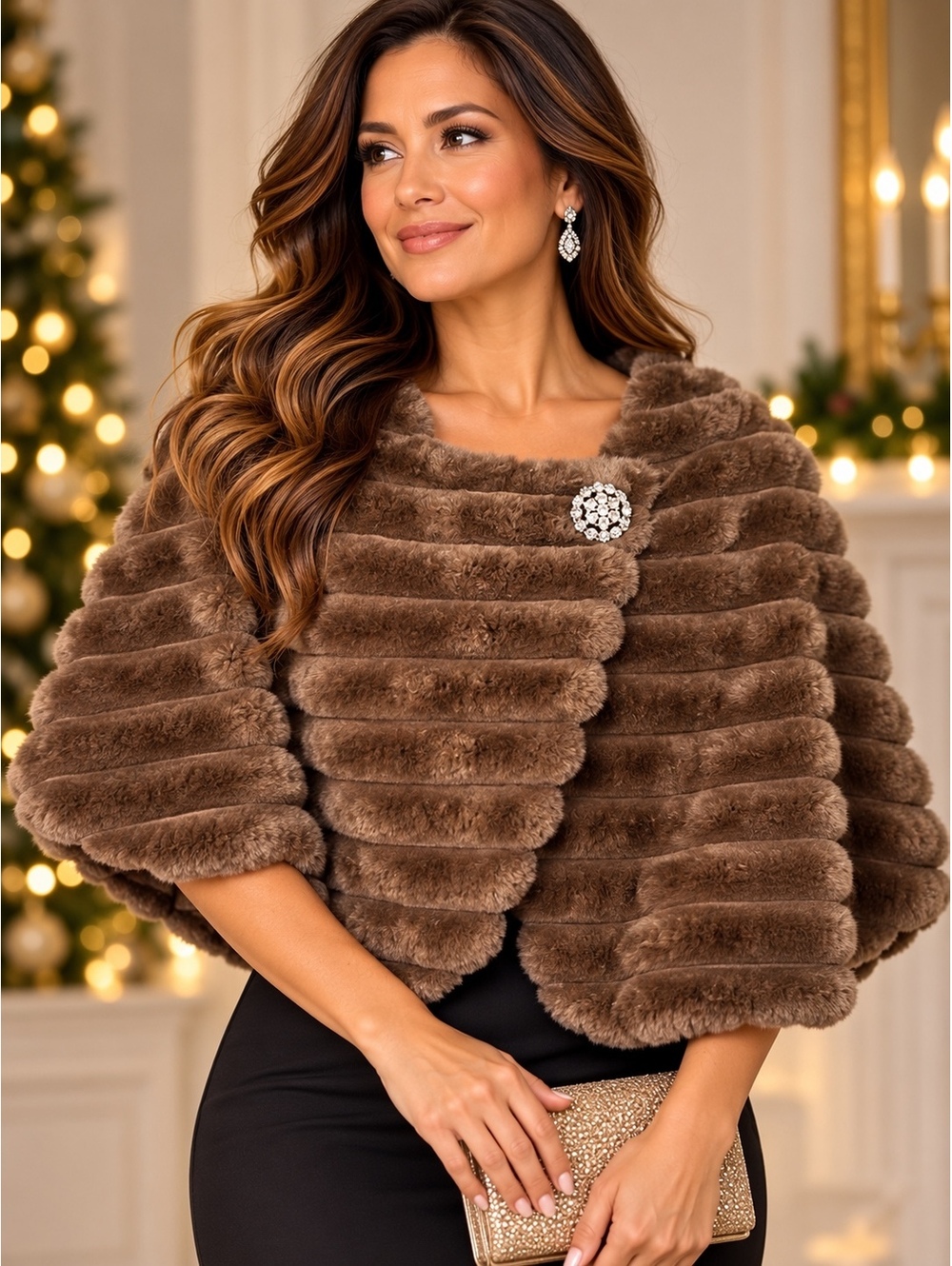 Nina Leonard Women's L Brown Faux Fur Cape Poncho Rhinestone Brooch NWT